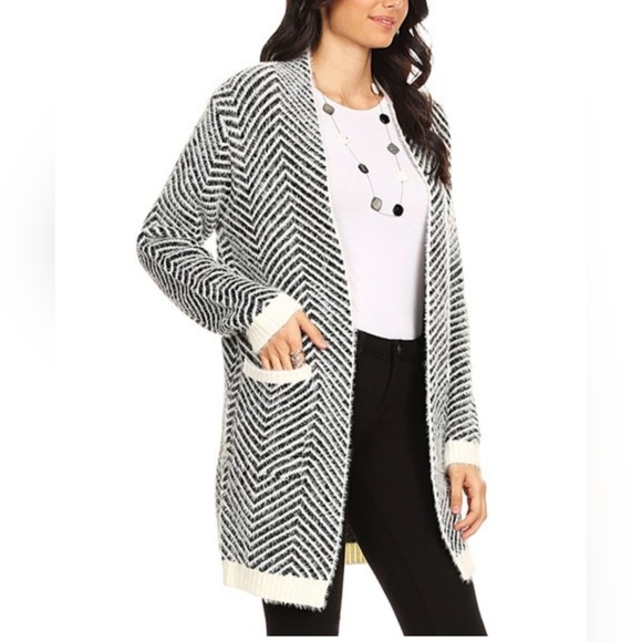 Black & White Herringbone Duster - Women & Plus/ Slonl R Long Cardigan - Picture 3 of 13